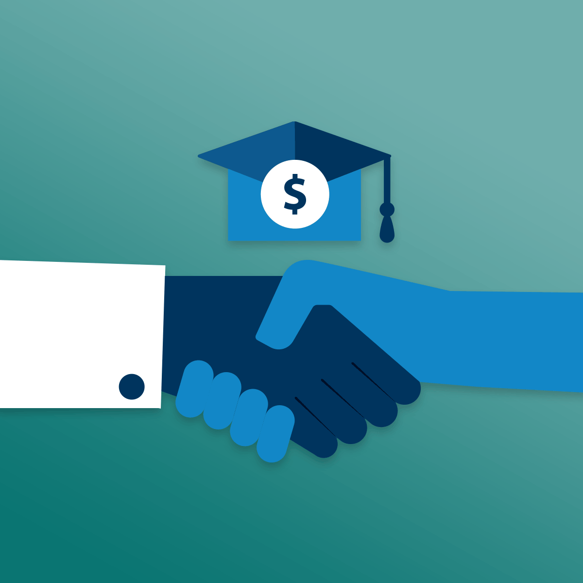 Image of two hands shaking with icon above it of a grad cap with a money sign on it.