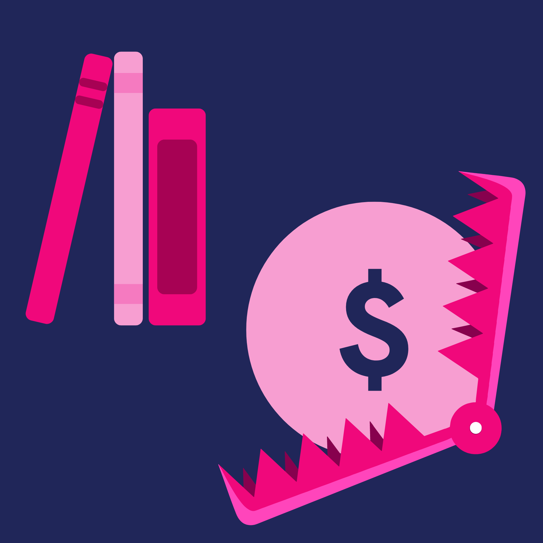 Icon of a bear TRAP around a circle with a dollar sign in it, next to a stack of school books.