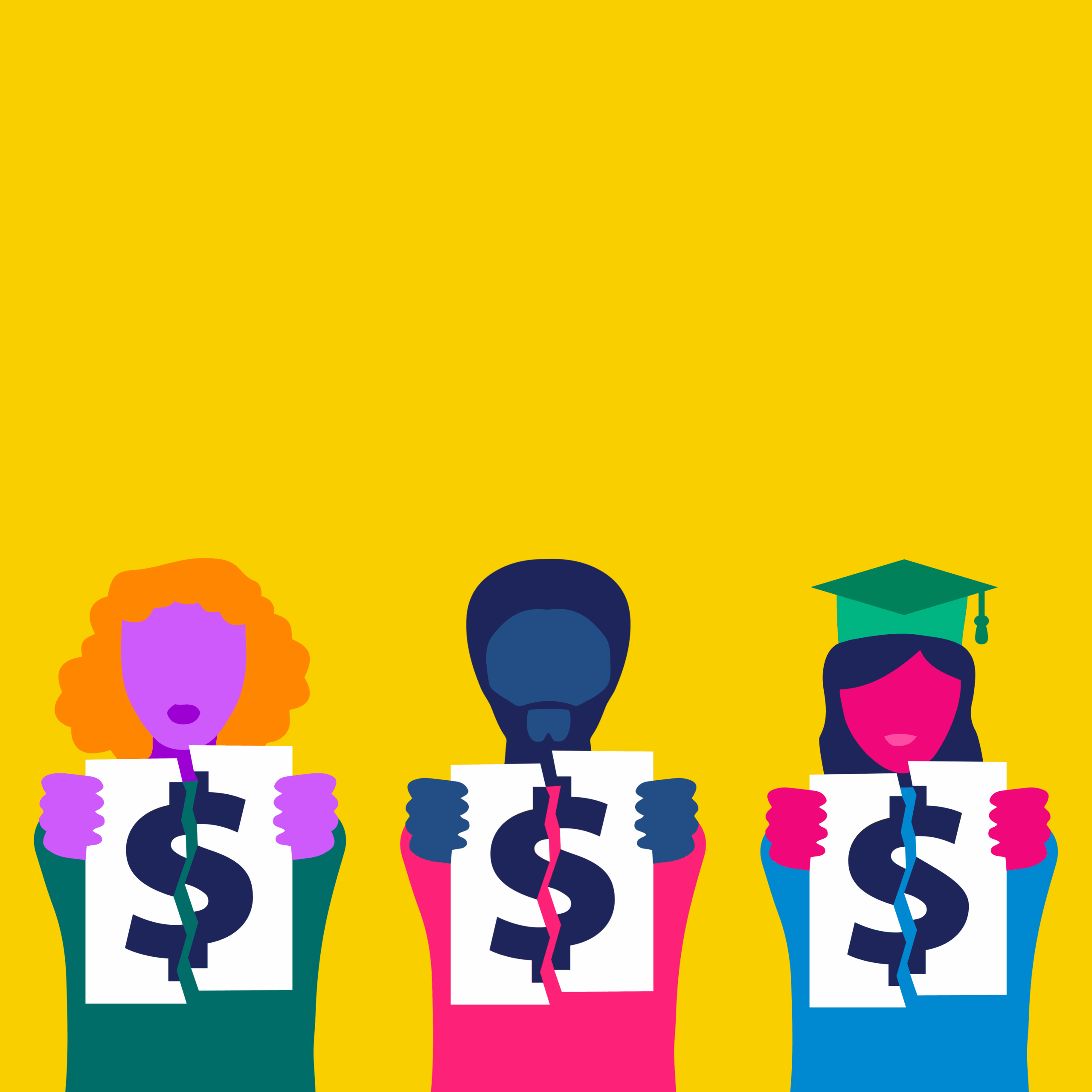 Icons of people holding out sheets of paper with dollar signs on them, torn in half. One of the people has a grad school cap on.