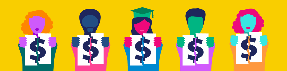 Icons of people holding out sheets of paper with dollar signs on them, torn in half. One of the people has a grad school cap on.