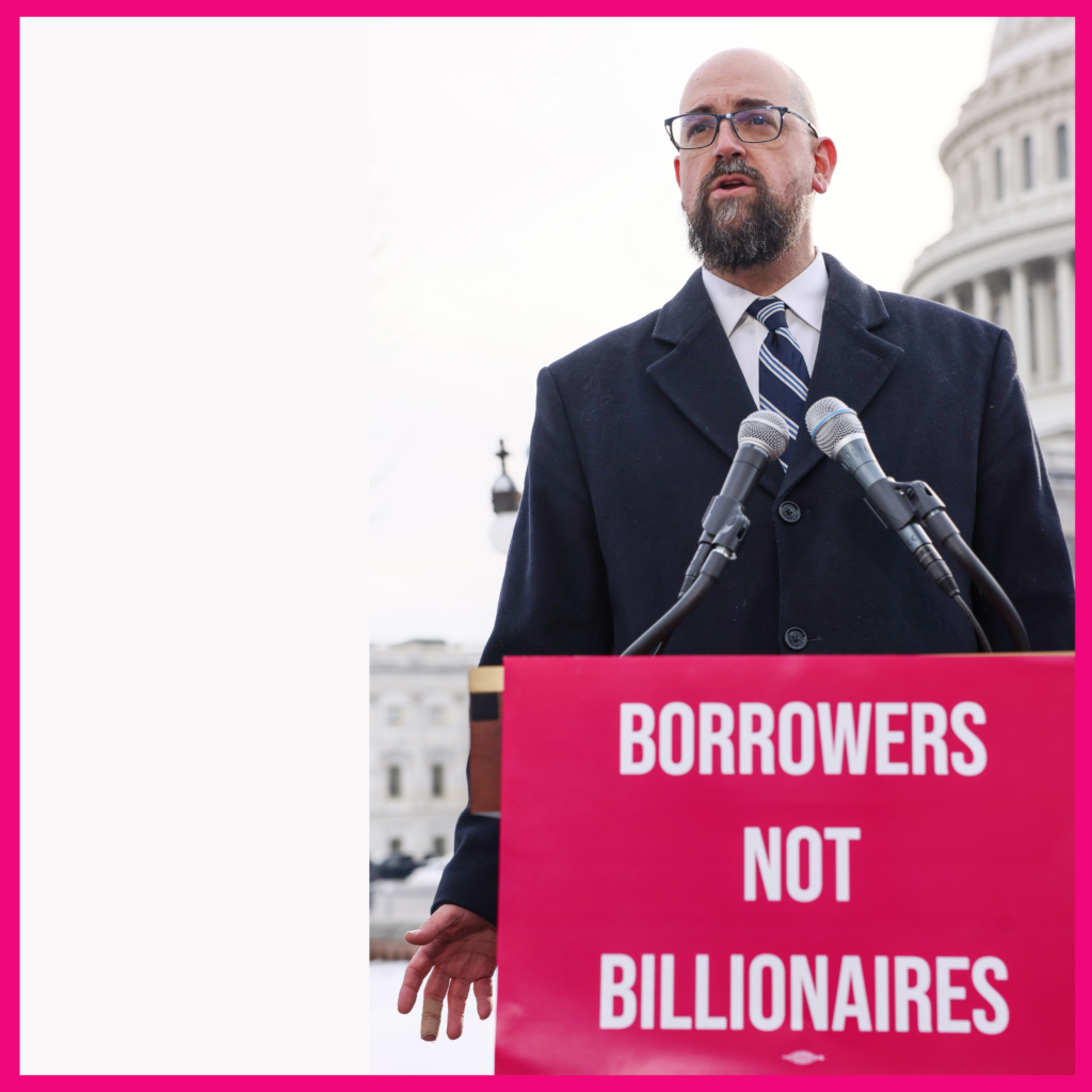 WASHINGTON, DC - FEBRUARY 09: Executive Director and co-founder of Protect Borrowers Mike Pierce speaks during the Borrowers Not Billionaires Rally To Defend the CFPB (Consumer Financial Protection Bureau) at Capitol Hill on February 09, 2026 in Washington, DC. (Photo by Jemal Countess/Getty Images for Protect Borrowers)