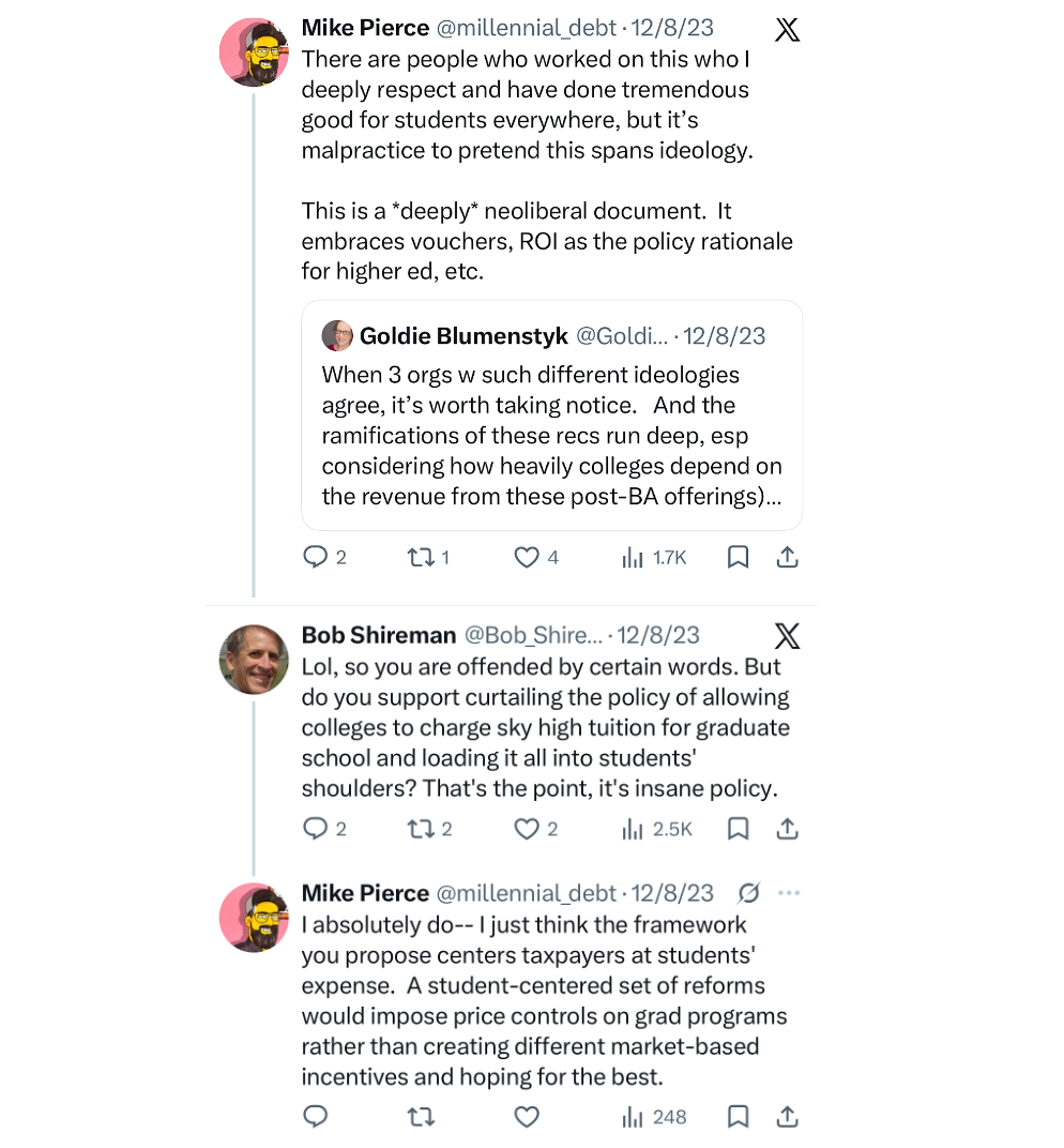 Screenshots of Mike Pierce’s tweet and Bob Shireman’s reply on Twitter/X from Dec. 8, 2023. https://x.com/millennial_debt/status/1733140087615975777?s=20