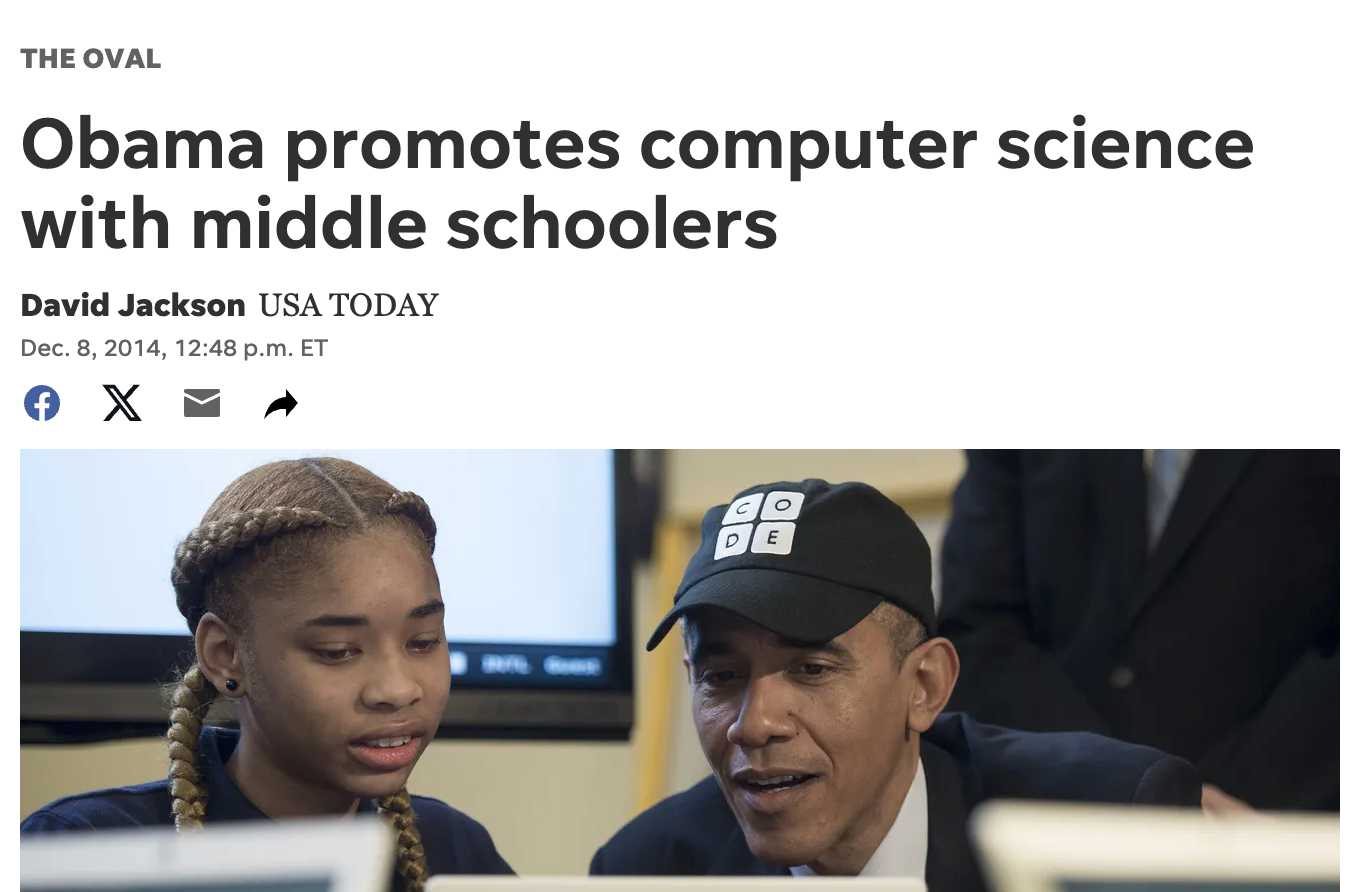 Thanks, Obama. Screenshot of USA Today article, “Obama promotes computer science with middle schoolers” by David Jackson from Dec. 8, 2014.