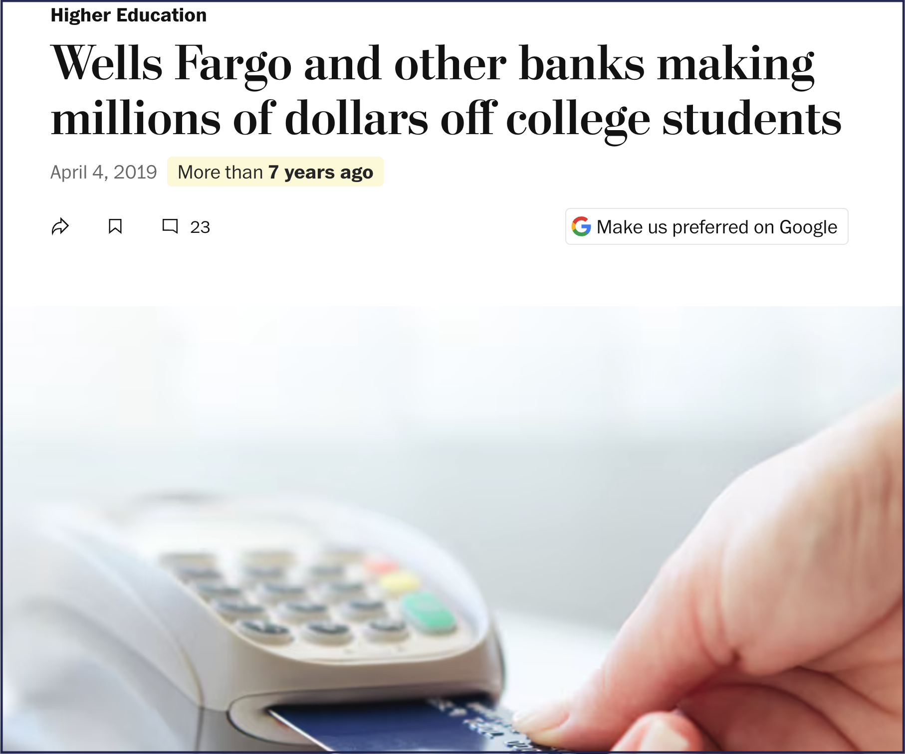 Screenshot of Washington Post article, "Wells Fargo and other banks making millions of dollars off college students," April 4, 2019.