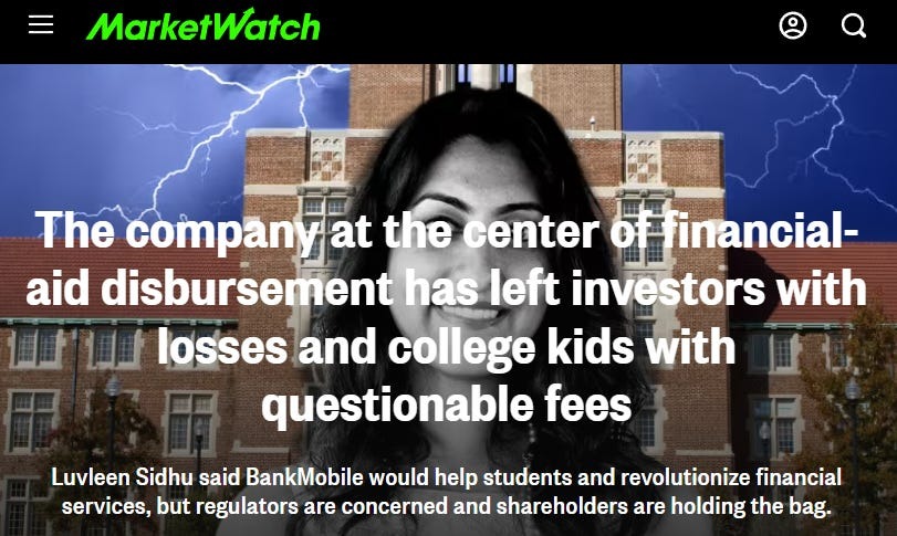 Screenshot of MarketWatch article, "The company at the center of financial-aid disbursement has left investors with losses and college kids with questionable fees," June 17, 2023.