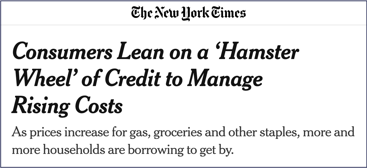 The New York Times (NYT) says “Hamster Wheel.” Screenshot of the NYT article topper, "Consumers Lean on a ‘Hamster Wheel’ of Credit to Manage Rising Costs" from June 2026.