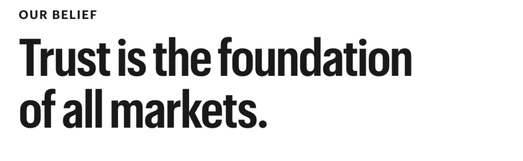 Screenshot of the Kalshi website policy center page reading "Our Belief - Trust is the foundation of all markets."